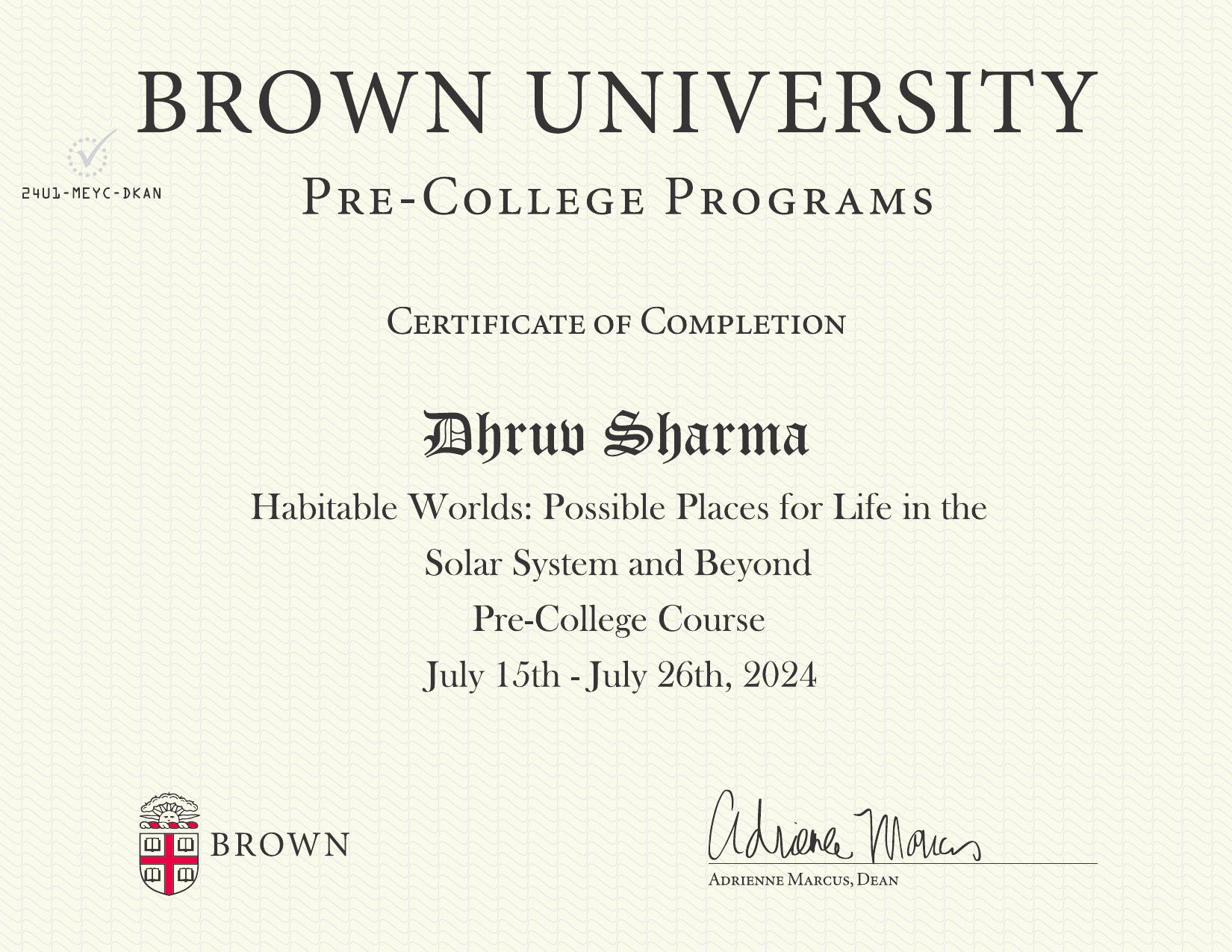 Brown University Pre-College certificate