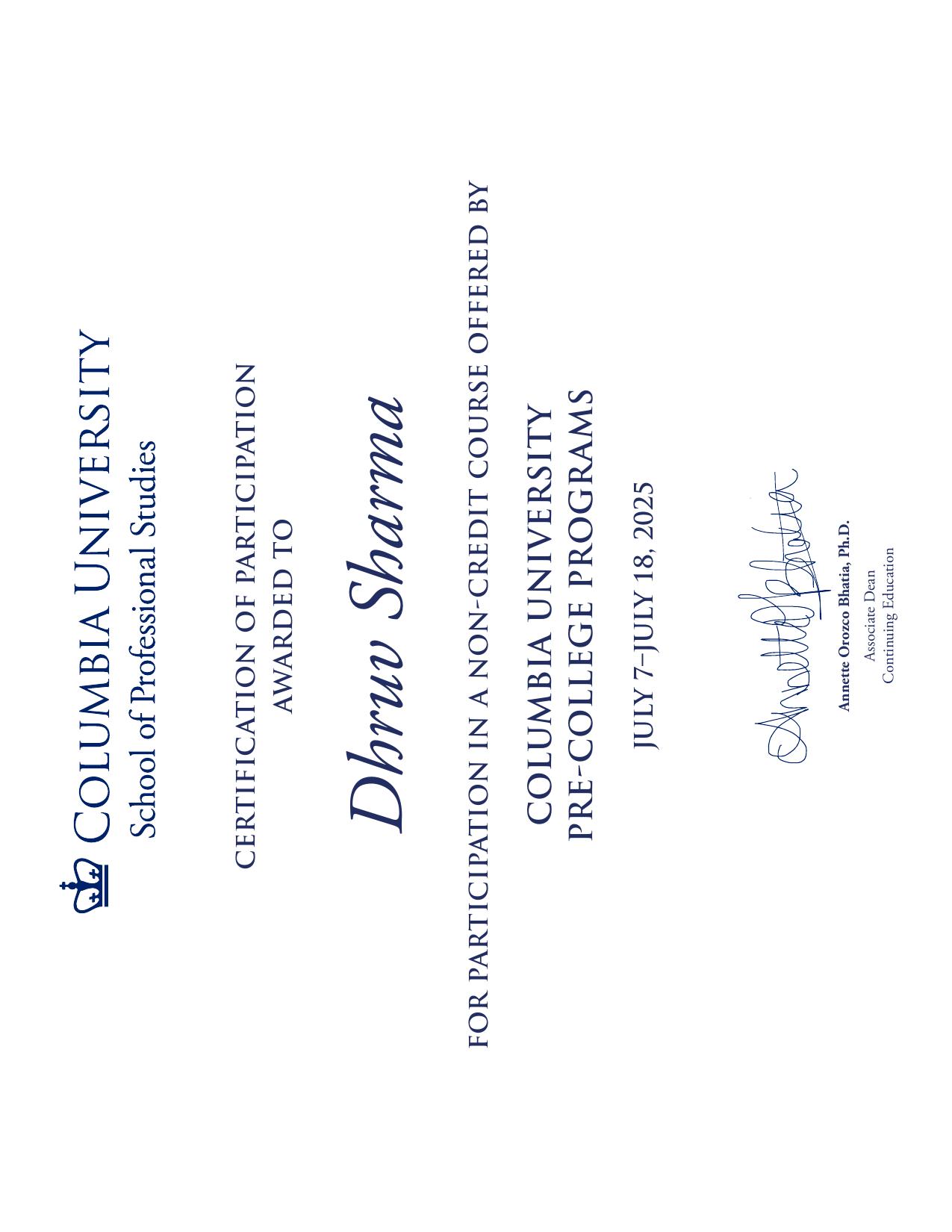 Columbia University Pre-College certificate