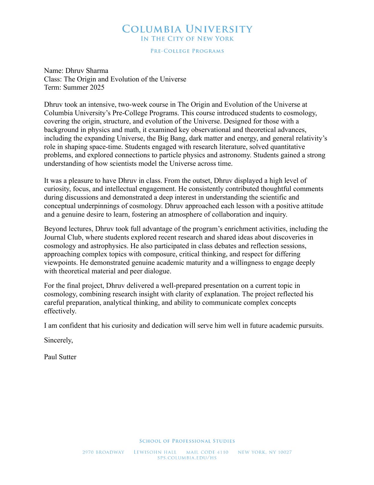 Columbia University recommendation letter
