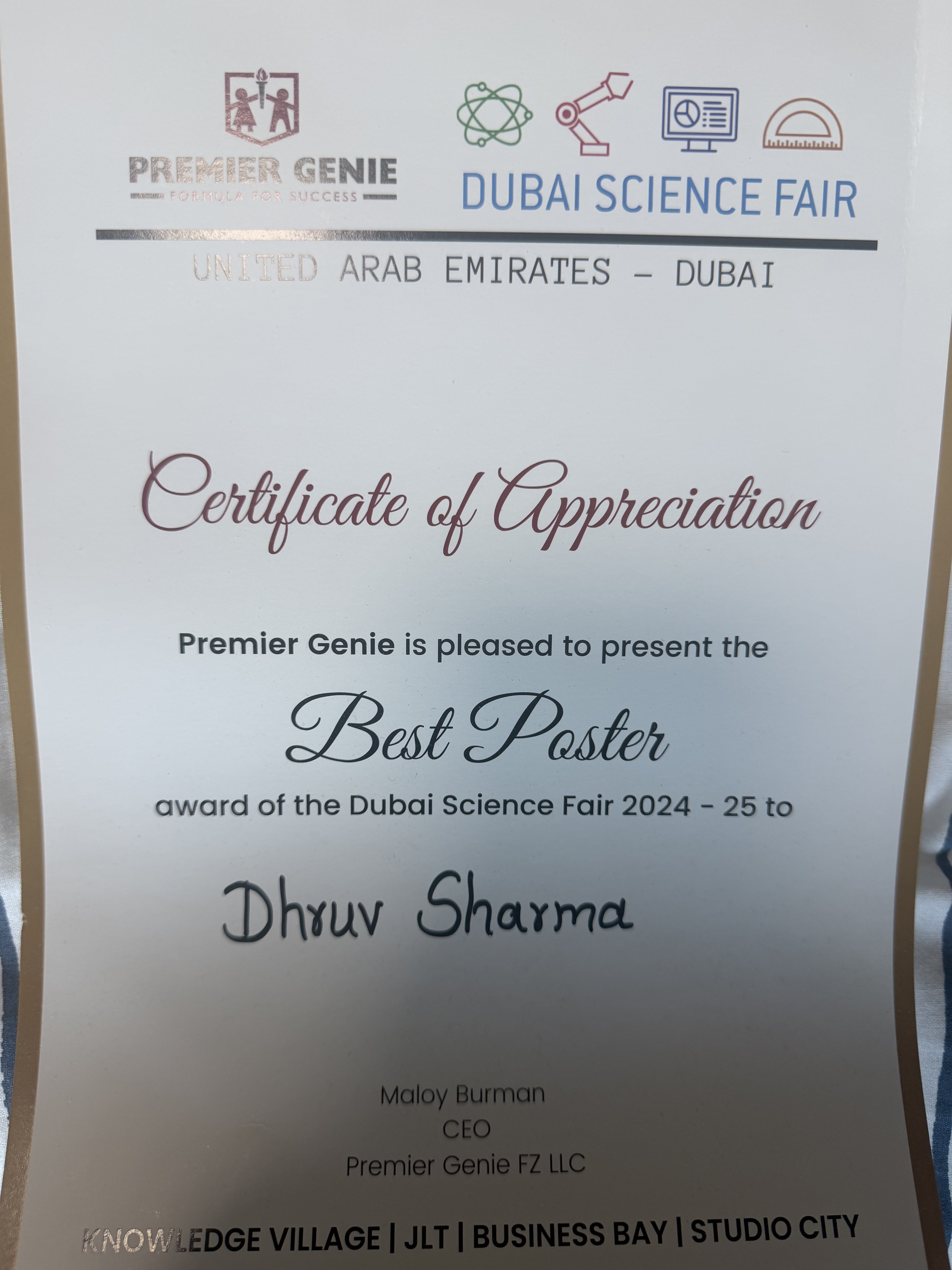 Dubai Science Fair Best Poster certificate