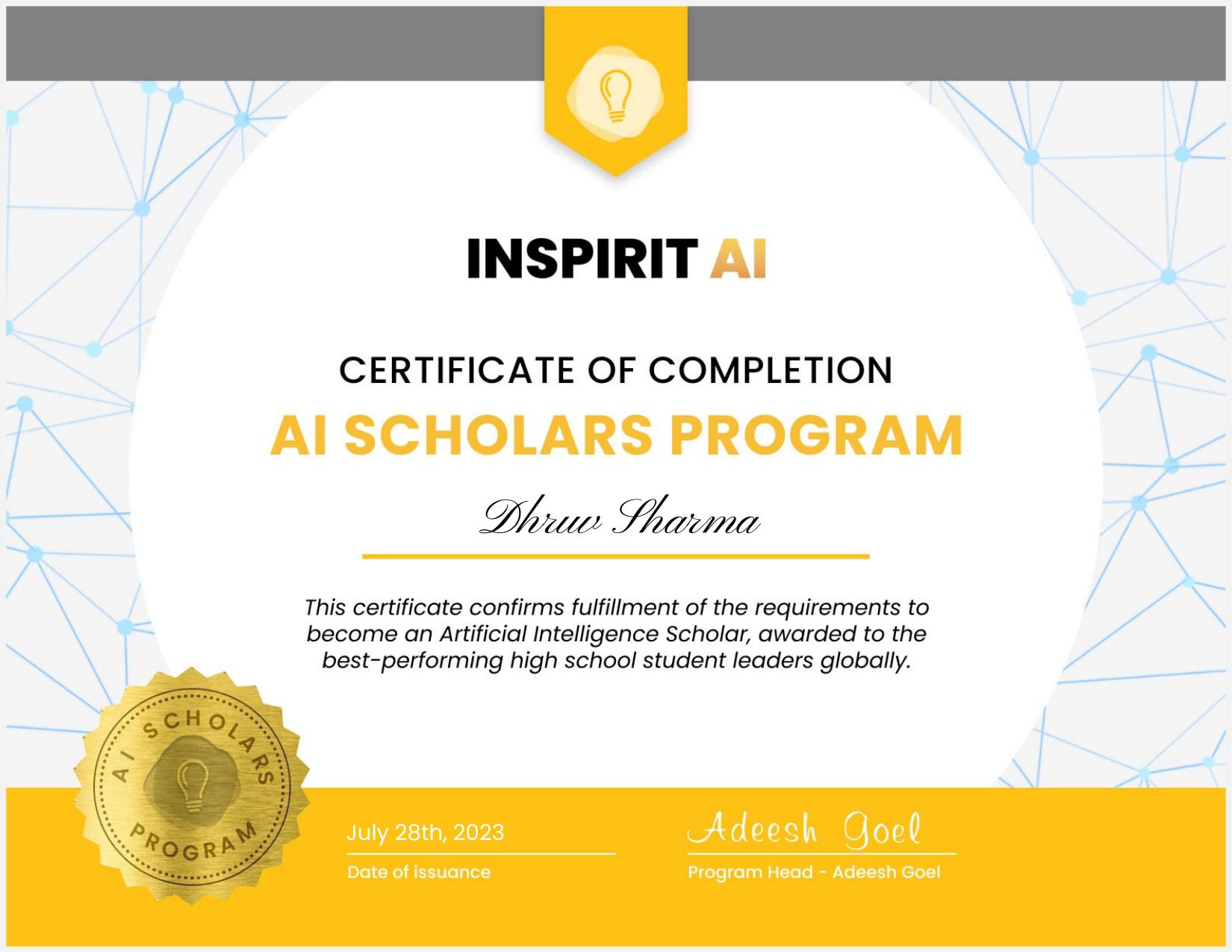 Inspirit AI Scholars Program certificate