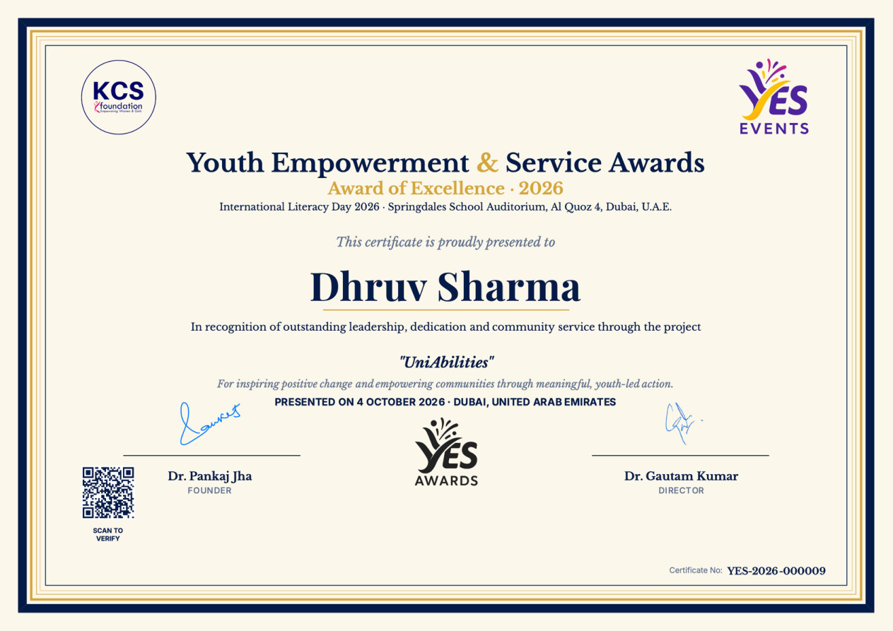 YES Award of Excellence certificate presented to Dhruv Sharma